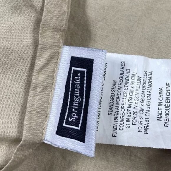 Springmaid Pair Pillowcases Shams Hotel Border Beige White Khaki Cotton High-End - Picture 2 of 4